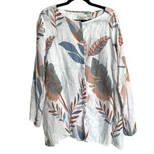 Cynthia Rowley Top Button Front Shirt Long Sleeve 100% Linen Leaf Print Plus 2X